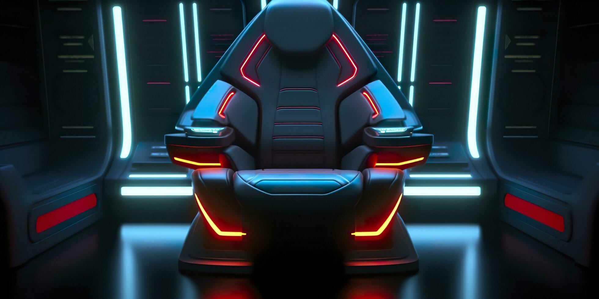 80s Inspired Captain Chair from Star Trek with Neon Lights and Cockpit Interior Background. AI Generative photo