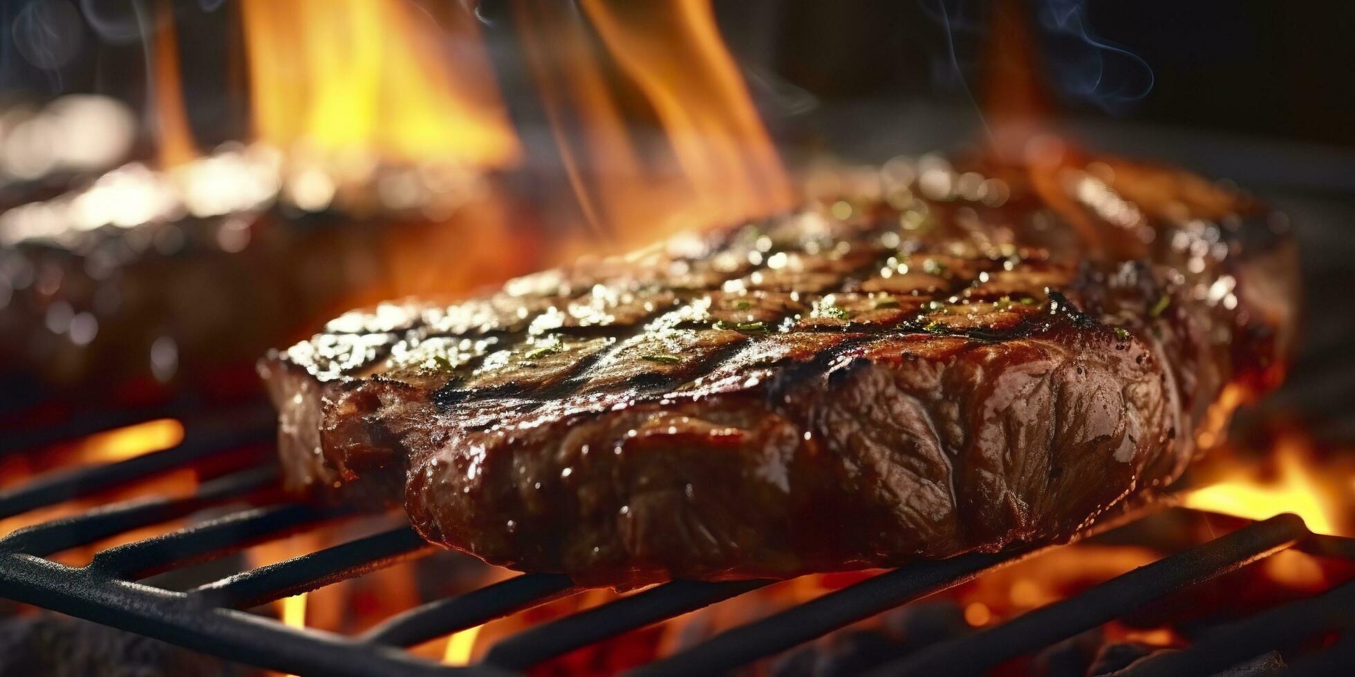 Beef ribeye steak grilling on a flaming grill. Generative AI photo