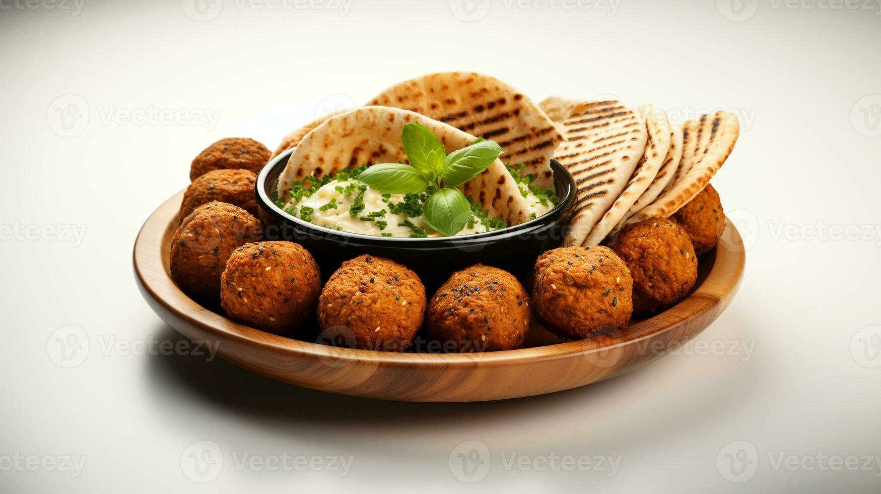 Large plate with falafel and salad on a white background, restaurant concept, AI Generated photo