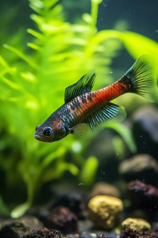 In the aquarium with plants and stones. The spinytail has a variety of color varieties including red, orange, yellow, blue and green. AI Generative photo