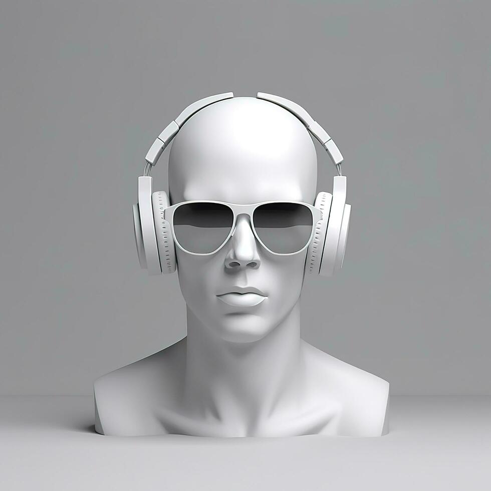 mínimo escena de Gafas de sol y auriculares en humano cabeza escultura, música concepto, 3d representación. ai generativo foto