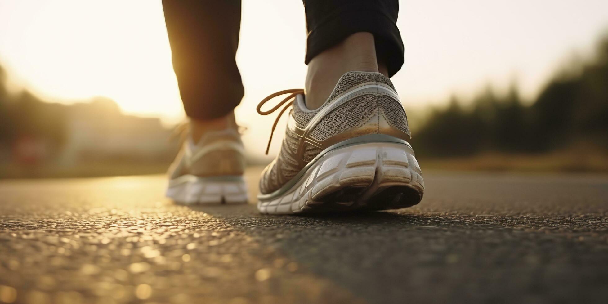 Close up on the shoe, Runner athlete feet running on the road under sunlight in the morning. AI Generative photo