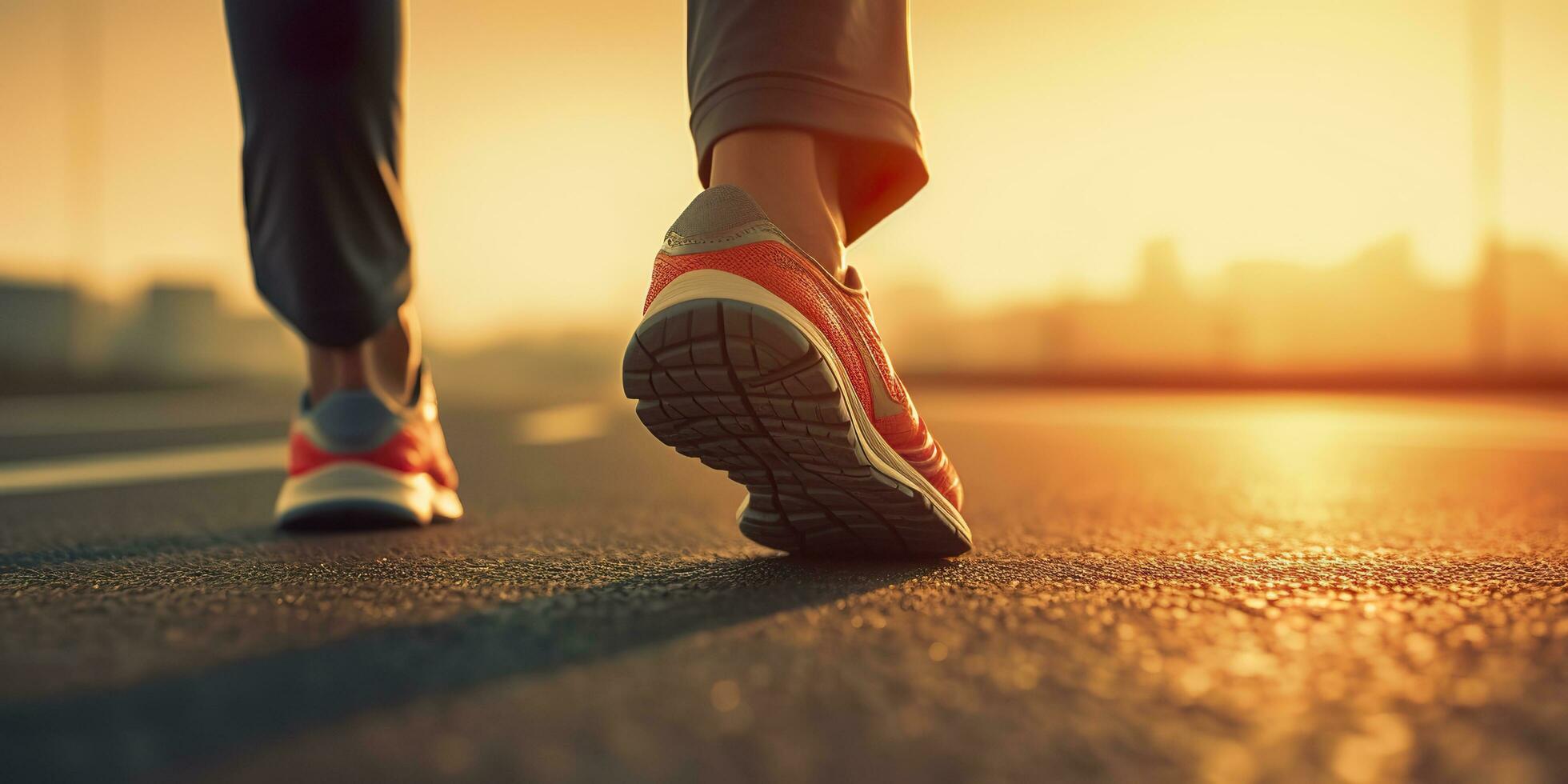 Close up on the shoe, Runner athlete feet running on the road under sunlight in the morning. AI Generative photo