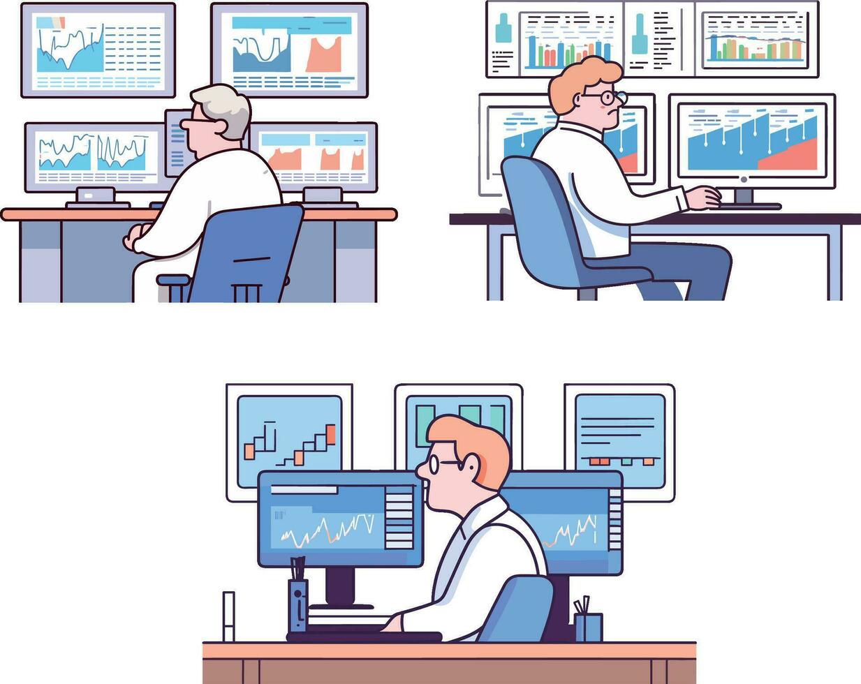 Vector senior lifestyle character an expert is analyzing data while looking at many monitors