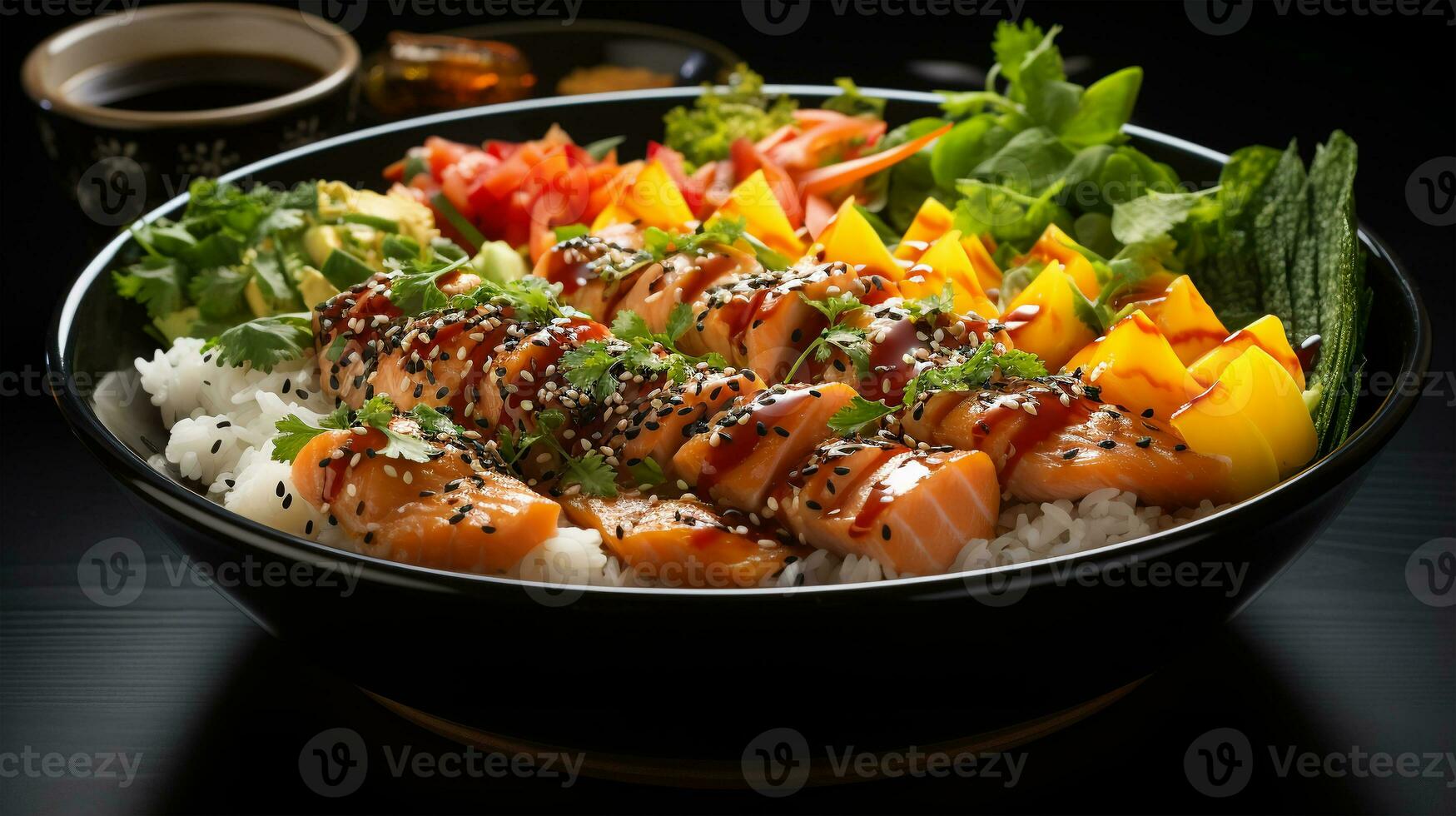 Large plate of sliced salmon, avocado, fruit and greens. Delicious Asian cuisine, keto diet, AI Generated photo