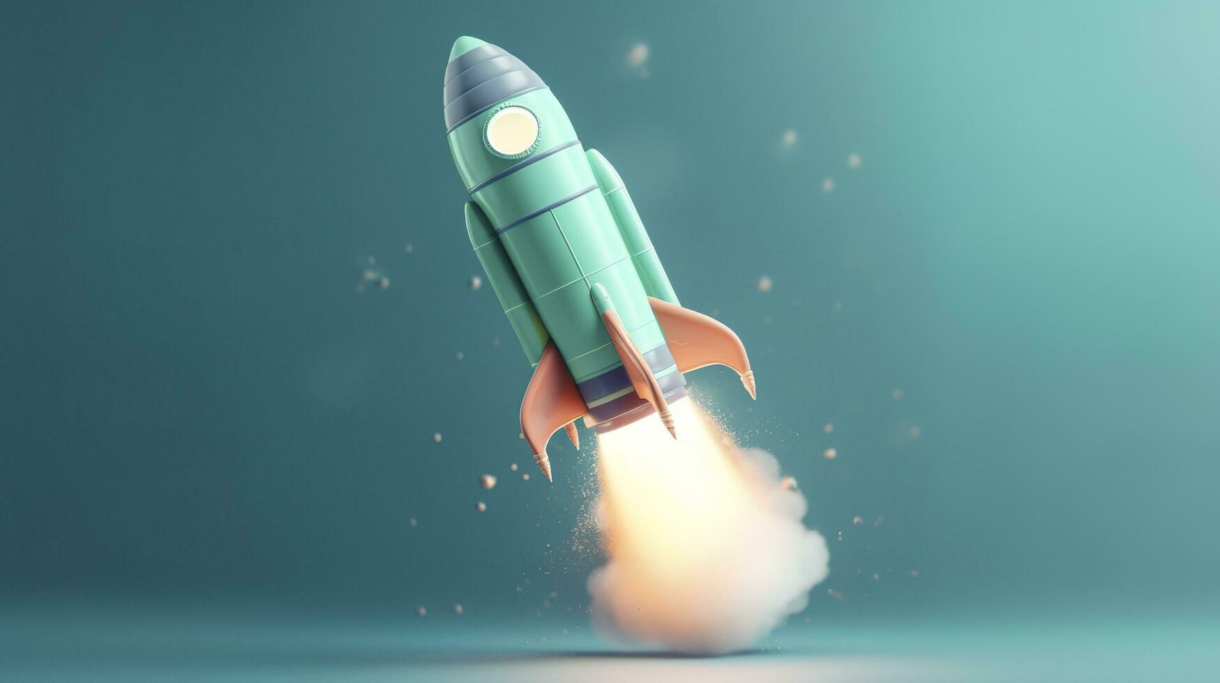 A small rocket takes off from a Laptop with vibrant color combinations in light sky blue and light gray colors for a website, business, and financial success concepts.  AI Generative photo