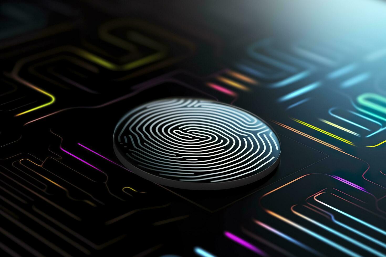 Fingerprint Authentication Button. Biometric Security. Identification and cyber security concept. Glowing neon fingerprint on dark background. AI Generative photo