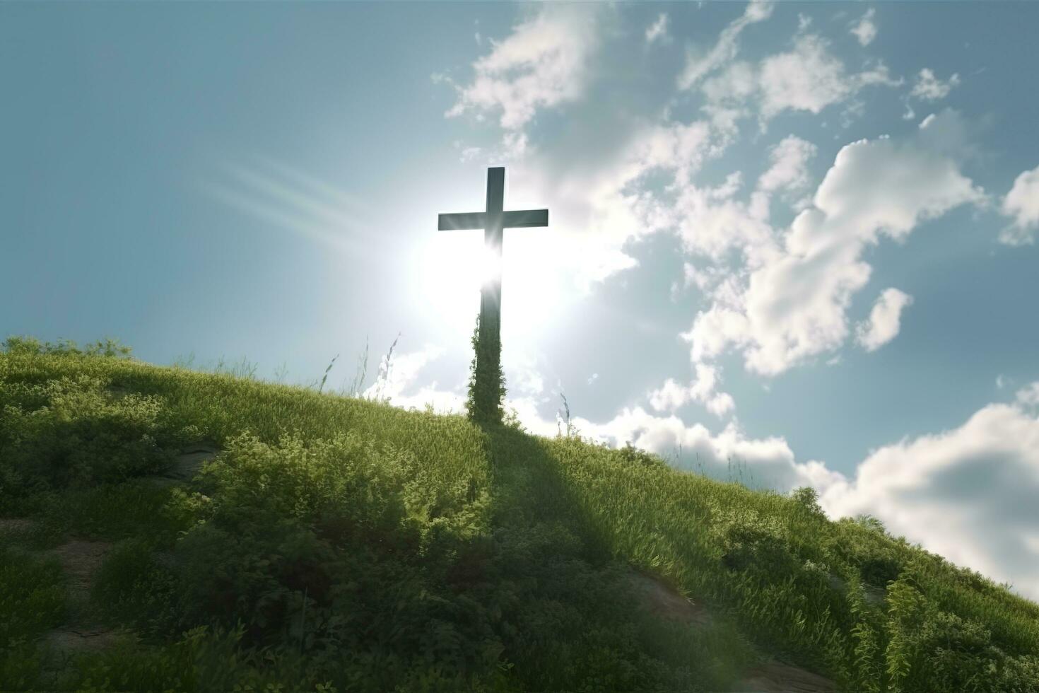 The cross of God with green Leaf, in the rays of the sun and blue sky. Cross on the hill with green trees and graeen natural view. Religious concept, AI Generative photo