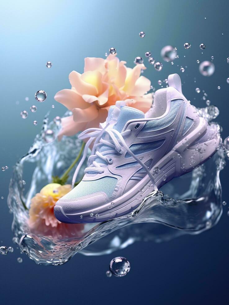 Sports shoes surrounded by transparent flowers, splashing with water droplets, emitting light white blue, AI Generative photo