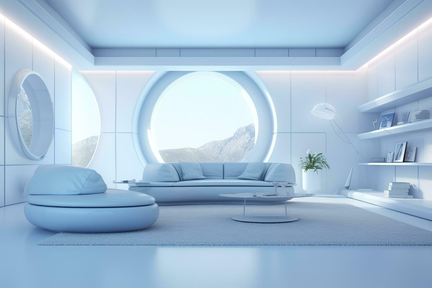 A professional and eye catching light blue with white living room in the metaverse, futuristic, AI Generative photo