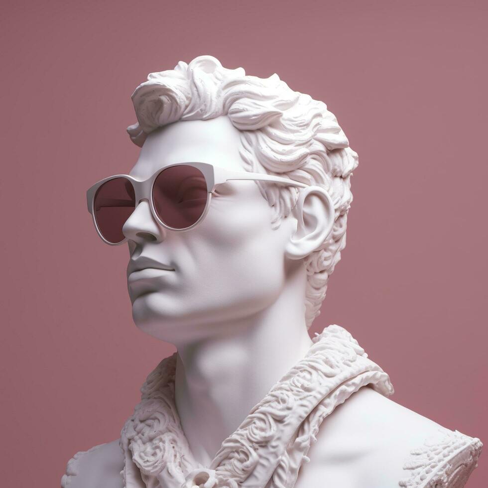 The head of a white mythological statue with fashionable pink glasses on his eyes, frame in profile. AI Generative photo