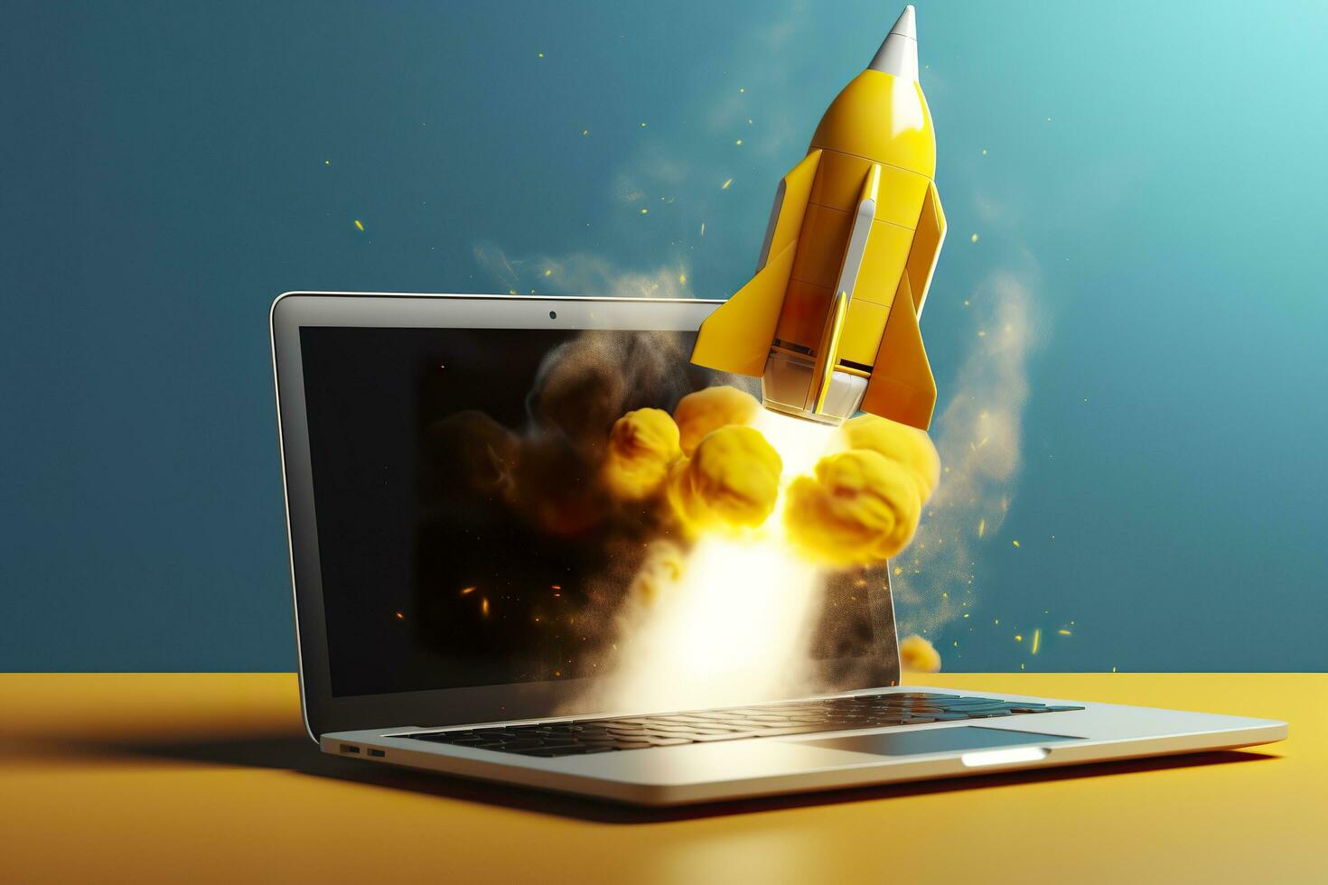 Launching a new product or service. Technology development process. Space rocket launch. 3d render. Yellow rocket lift up from the display laptop. AI Generative photo