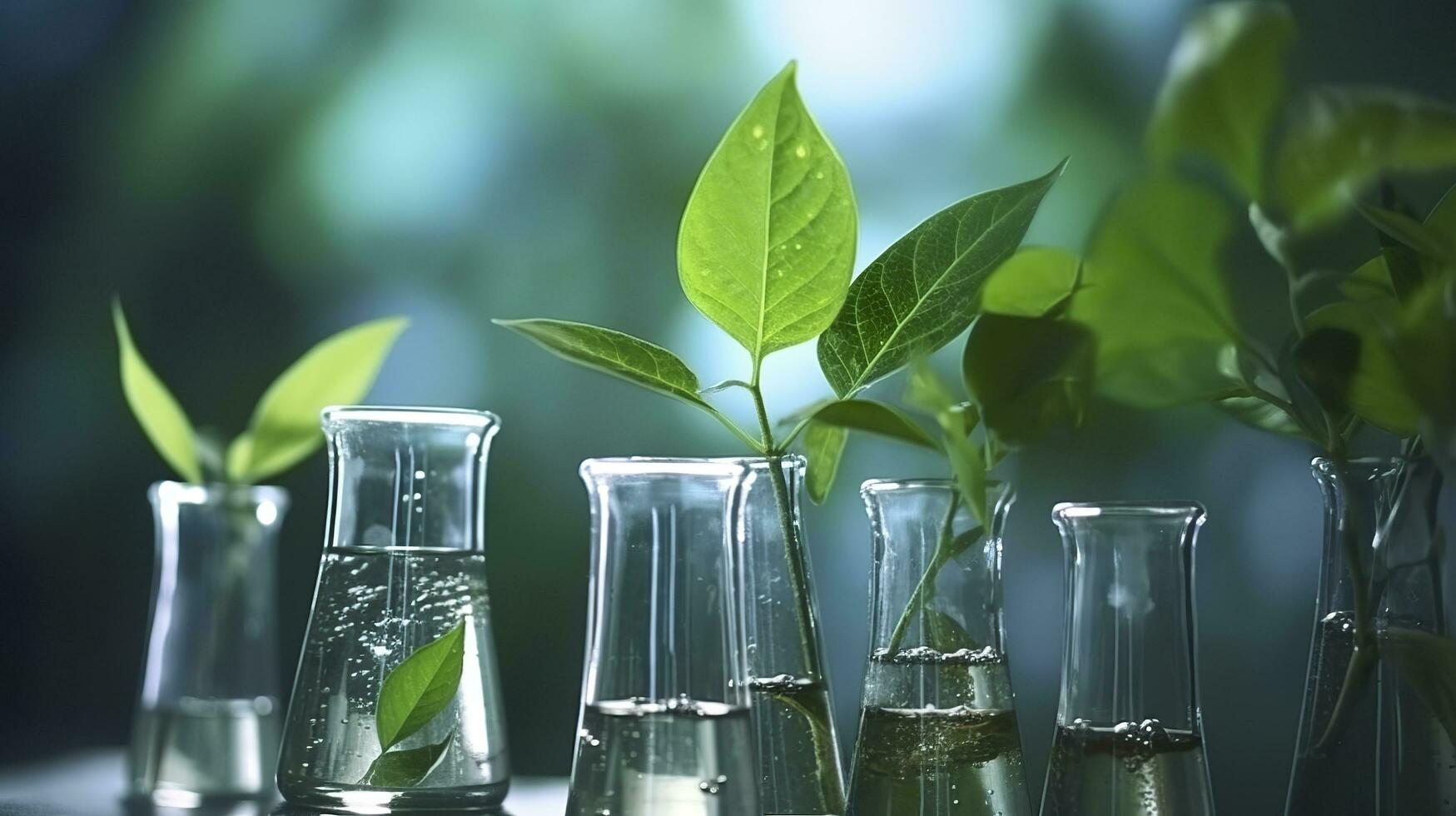 Biotechnology concept with green plant leaves, laboratory glassware, and conducting research, illustrating the powerful combination of nature and science in medical advancements.  AI Generative photo