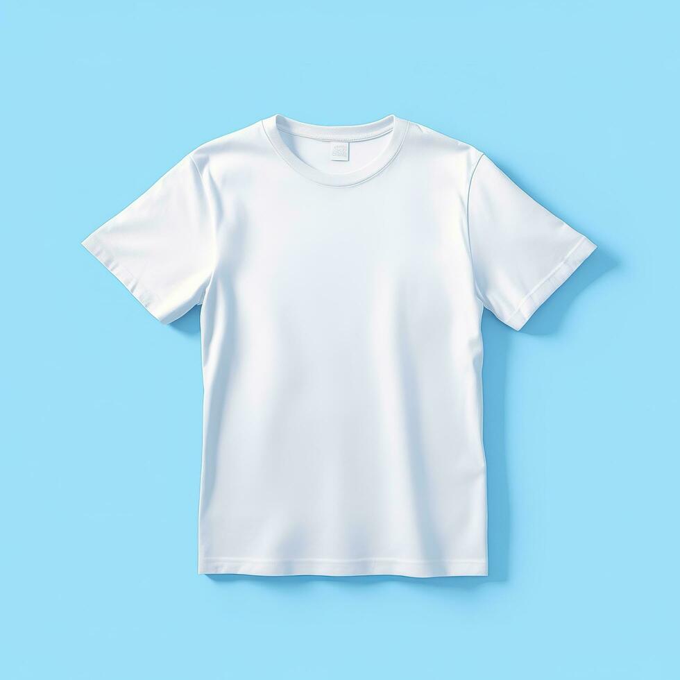 Simple White T-Shirt on Soft Blue Background. AI Generative photo