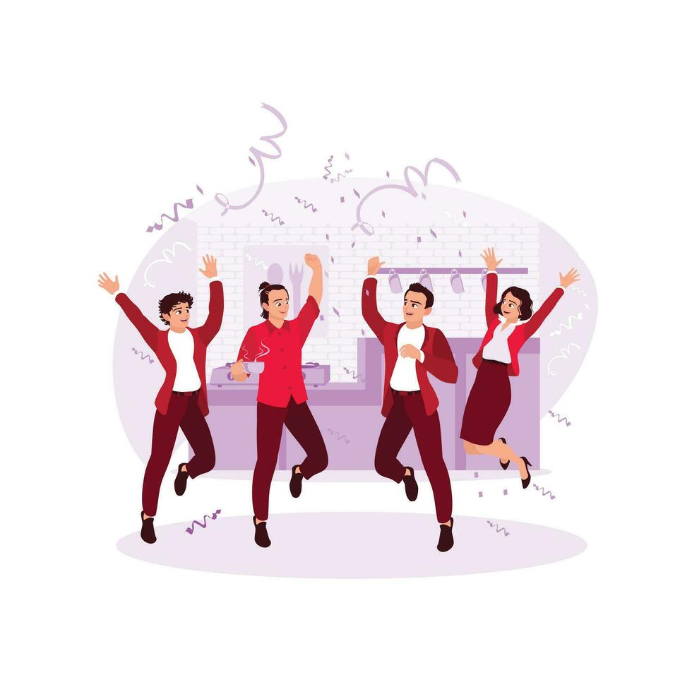 Celebrate the party with confetti. Group of happy people partying and throwing confetti in the home kitchen. Trend Modern vector flat illustration