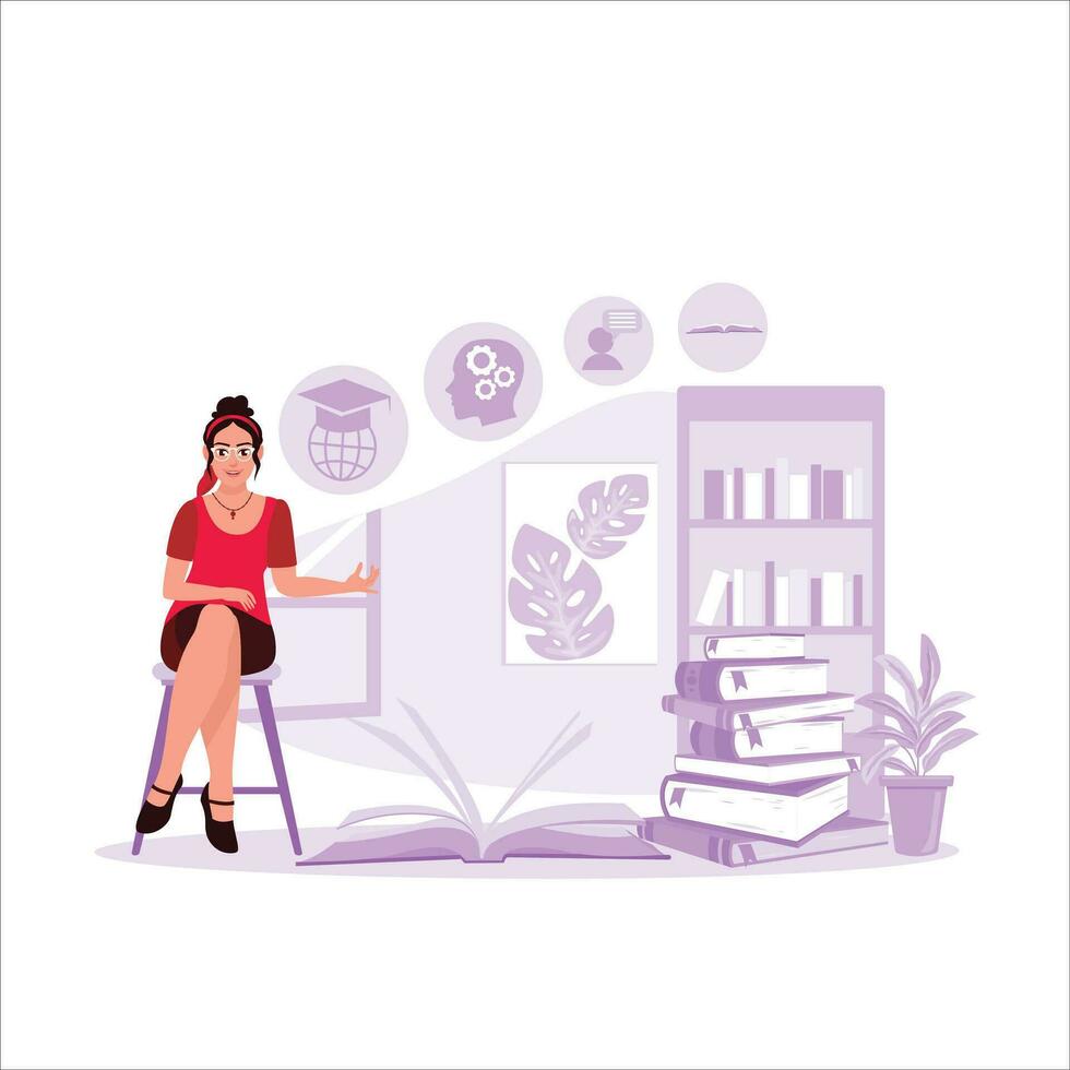 educado mujer sentado junto a abierto libro en el biblioteca. académico educación aprendizaje concepto. tendencia moderno vector plano ilustración