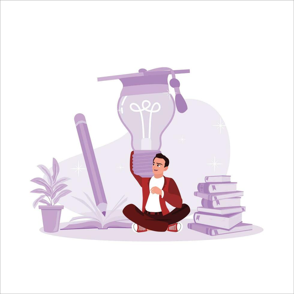 Innovative learning, knowledge or education, a male student with a light bulb on his head. Read books for inspiration. Trend Modern vector flat illustration