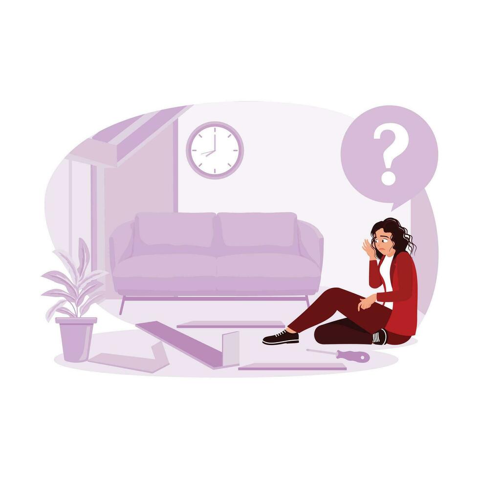 A woman sits on the floor of her house, surprised at the difficulty of installing a wooden shelf herself. Marketing Trends concept. Trend Modern vector flat illustration