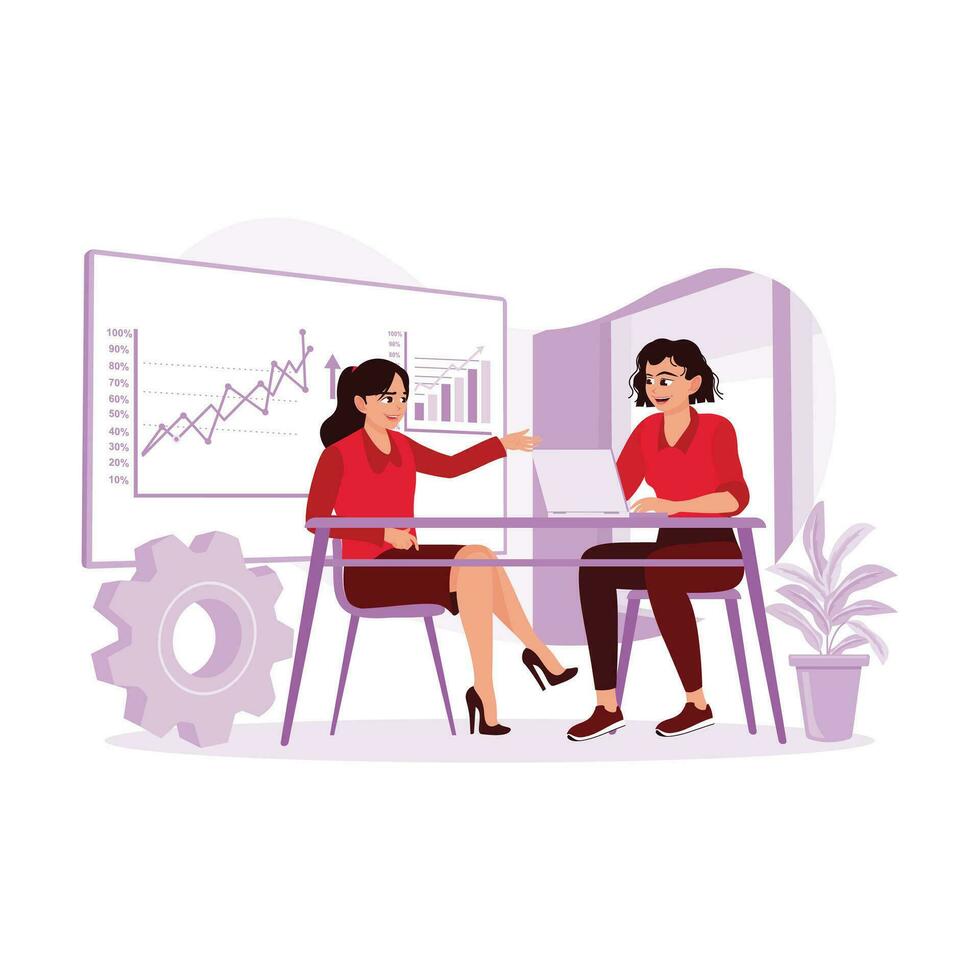 Two businesswomen are working together and discussing in the meeting room. Analyze marketing and financial planning. Discussing concepts. Trend Modern vector flat illustration