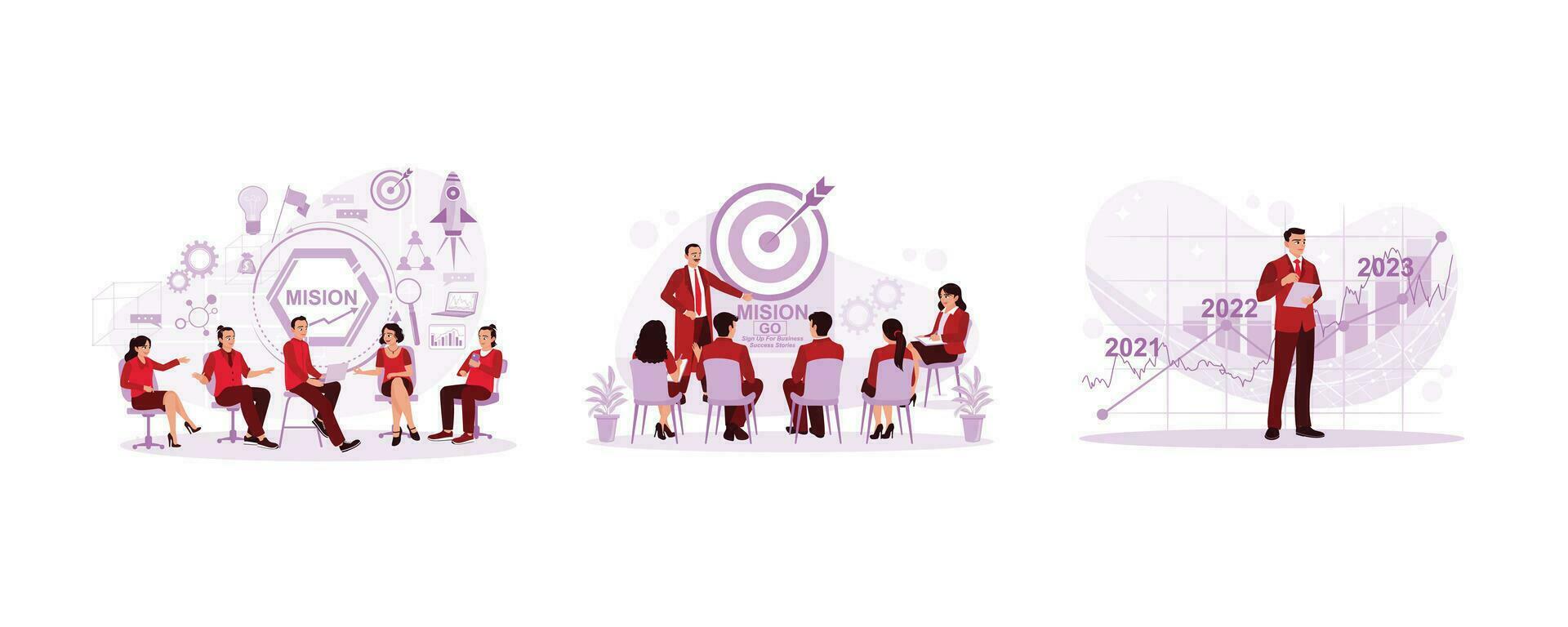 Multicultural businesspeople sitting together. Meeting on Target Vision Strategy in the office. Economic growth graph on tablet. Vision Statement concept. Set Trend Modern vector flat illustration