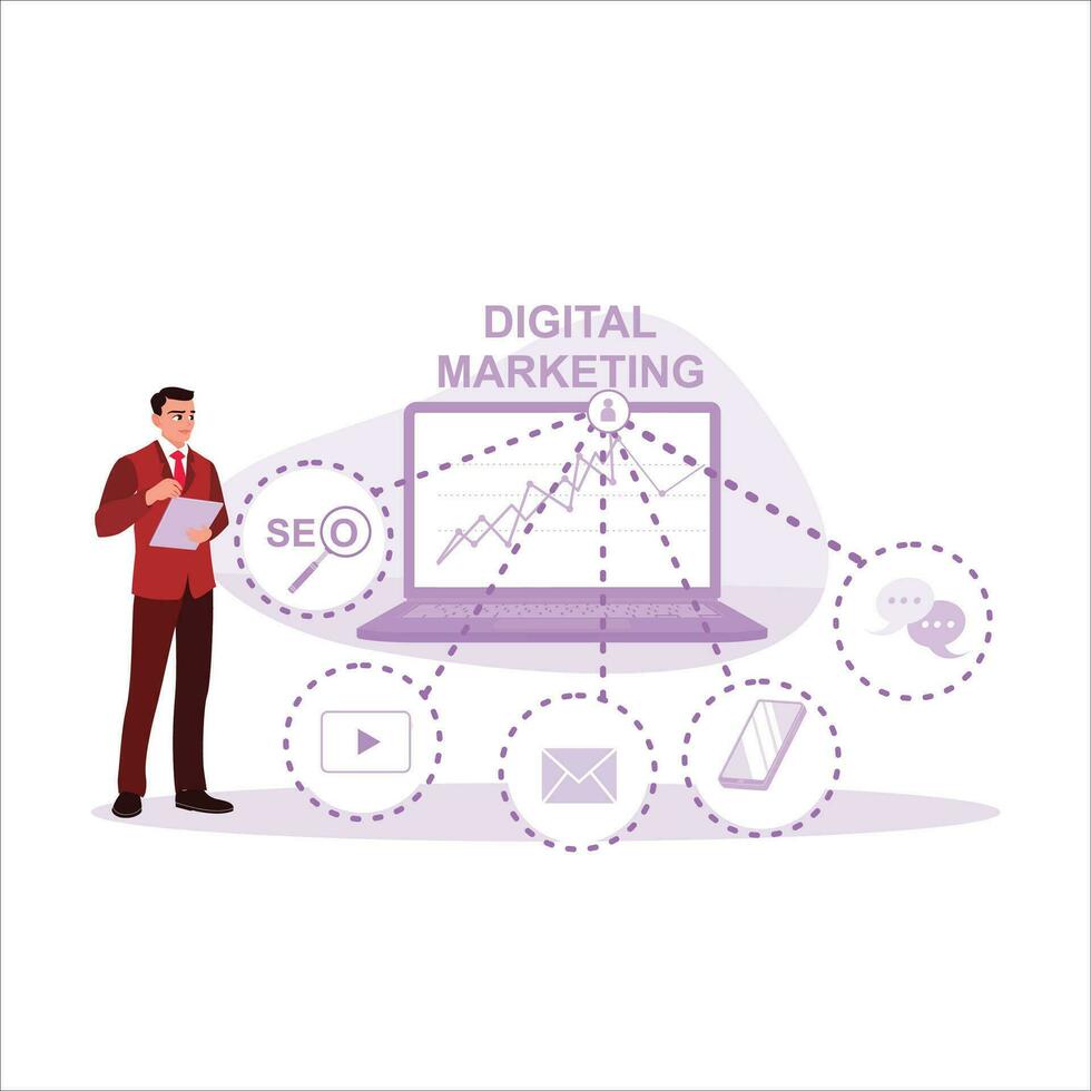 The business team is starting a new project and working with financial reports on their laptops and gadgets. Marketing Digital Technologies concept. Trend Modern vector flat illustration