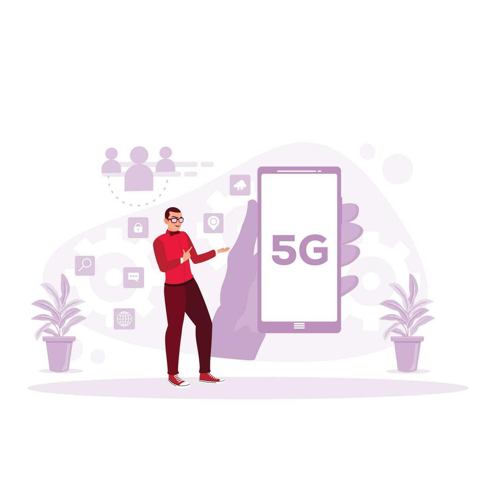 Hand-holding a mobile phone with a 5G network wireless system. A businessman points to a cell phone. Could Computing concept. Trend Modern vector flat illustration