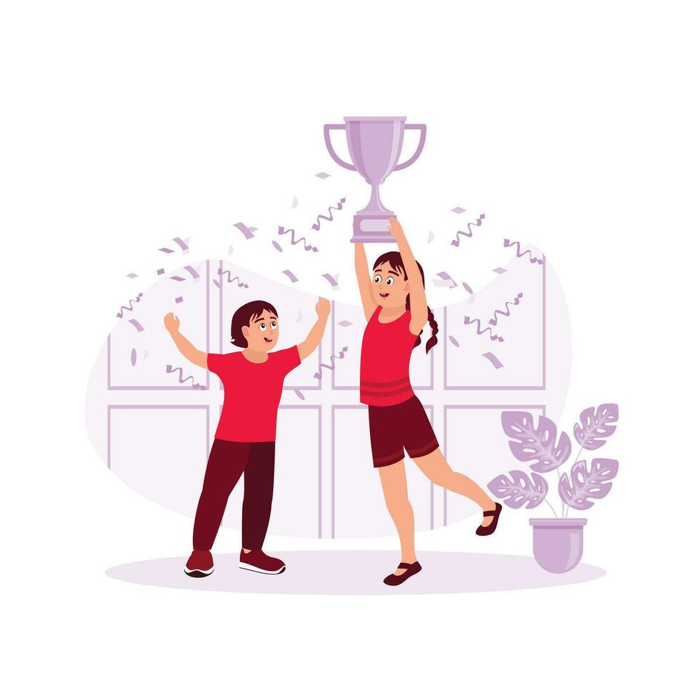 Girl celebrating success with a little boy. Winning competence. Trend Modern vector flat illustration