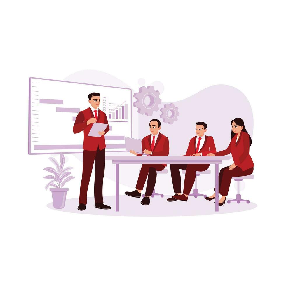 CEO and multicultural business people having meetings in the boardroom. Discussing company presentations. Idea Management concept. Trend Modern vector flat illustration