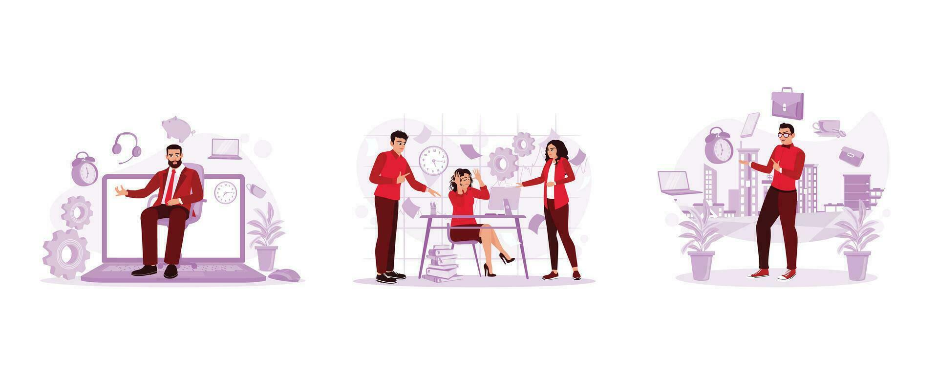 Businessman sitting on a chair with a big laptop. Feeling tired and depressed, having to do a lot of work. Multitasking concept. Set Trend Modern vector flat illustration