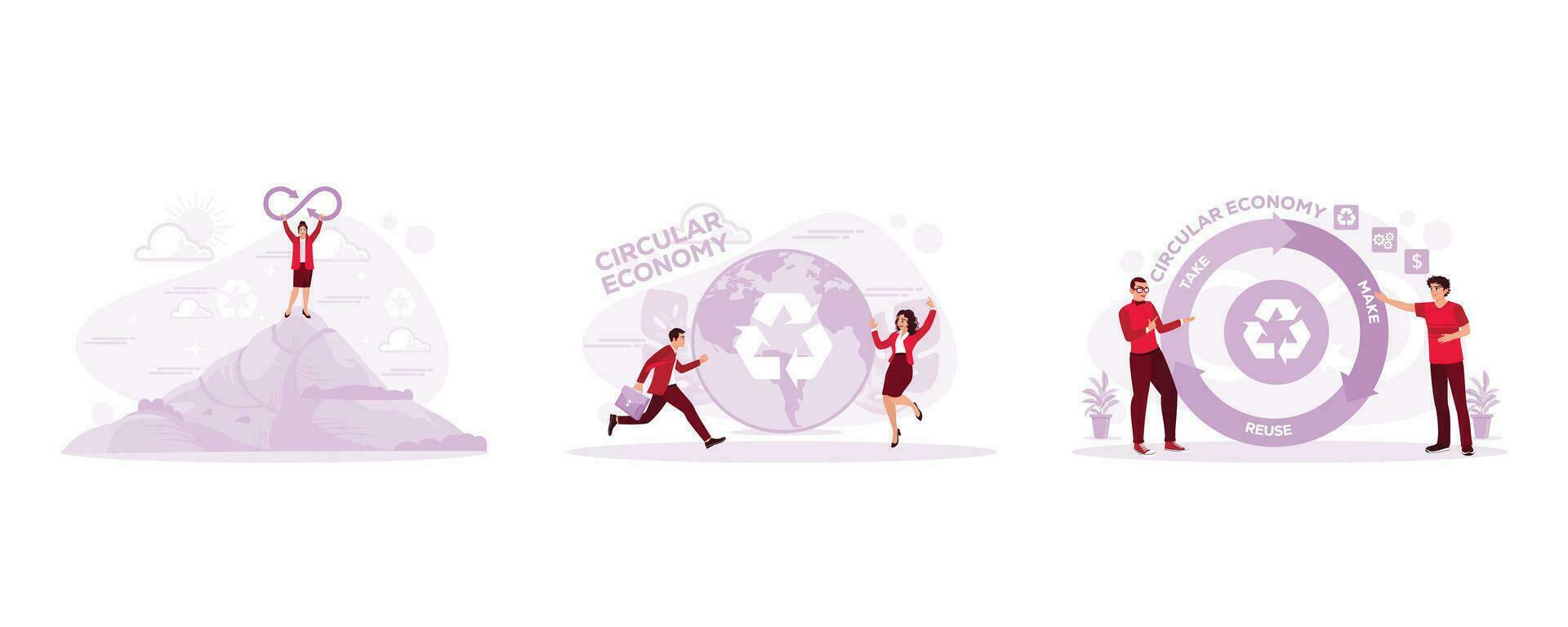 sostiene un símbolo de el economía de infinidad. en pie en frente de un globo con un circular economía símbolo. llevar, hacer, reanudar. circular economía concepto. conjunto tendencia moderno vector plano ilustración