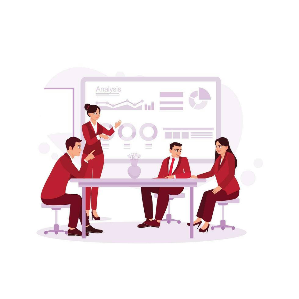 The head of the female analysis chaired the meeting. He Shows a Digital Interactive Whiteboard with Growth Analysis, Graphs, Statistics, and Data. Trend Modern vector flat illustration