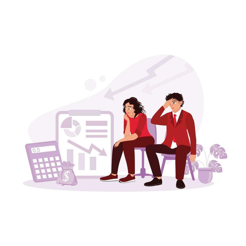 A businessman and his assistant sit together to solve the company's declining financial problems. Marketing Trends concept. Trend Modern vector flat illustration