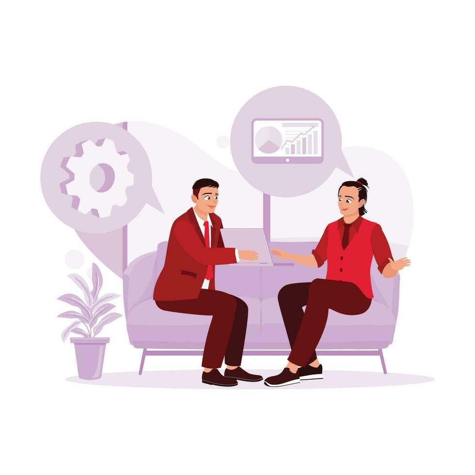 Senior businessman using a digital tablet to discuss something with a younger colleague in the office. Discussion concept. Trend Modern vector flat illustration