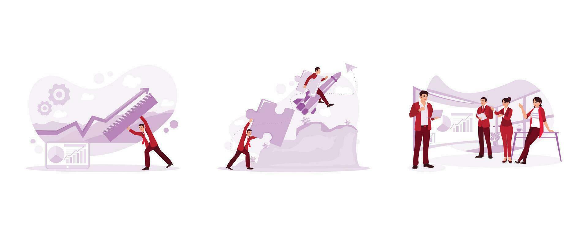 Young businessman measuring arrows with a ruler. Businessman connecting jigsaw. A group of business people planning a business strategy. Change management concept. vector