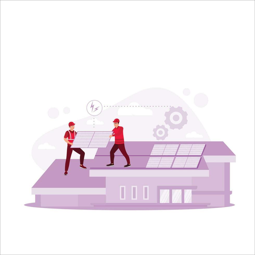 A male technician carries solar photovoltaic modules on the roof of a house. Alternative and renewable energy concept. Isometric solar cell power plant roof maintenance team. vector