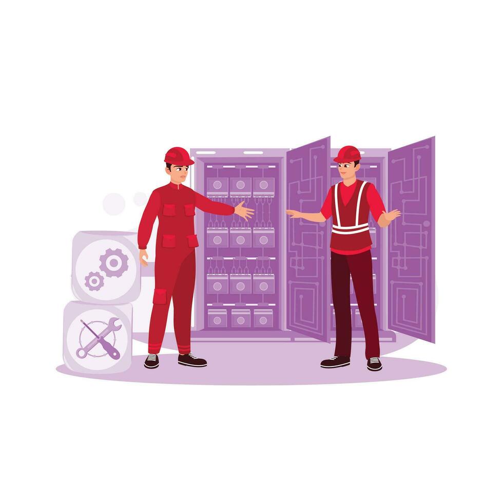 Checking the operating voltage level of the solar panel switchgear compartment. Technician repair service of power line problems. Problem solving concept. Trend Modern vector flat illustration.