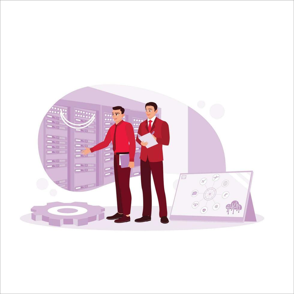 two young business people are in the server room solving a problem. Business people work together in the server room, analyzing data and solving problems. Trend Modern vector flat illustration