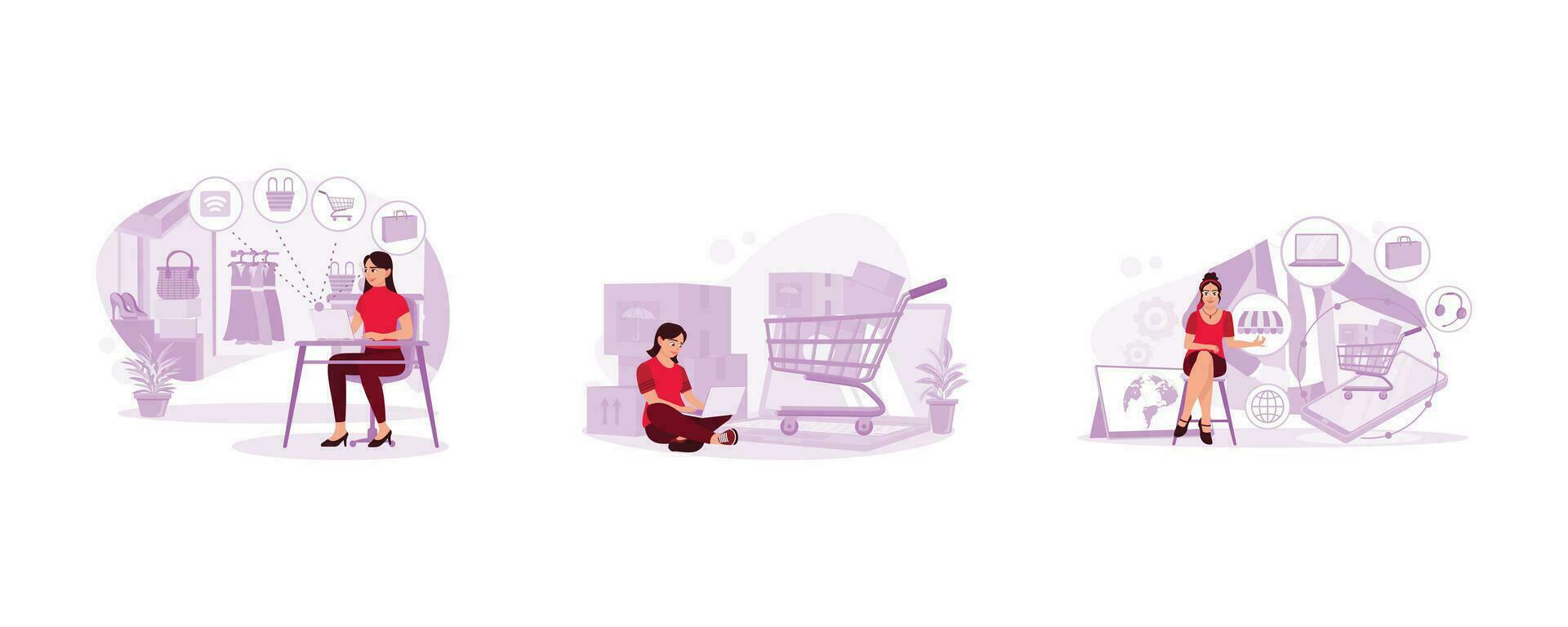 A beautiful woman opens an online fashion shop web. Boxes in a trolley and a woman sitting and opening a laptop. Women with glasses and technology omni channel digital retail business. vector