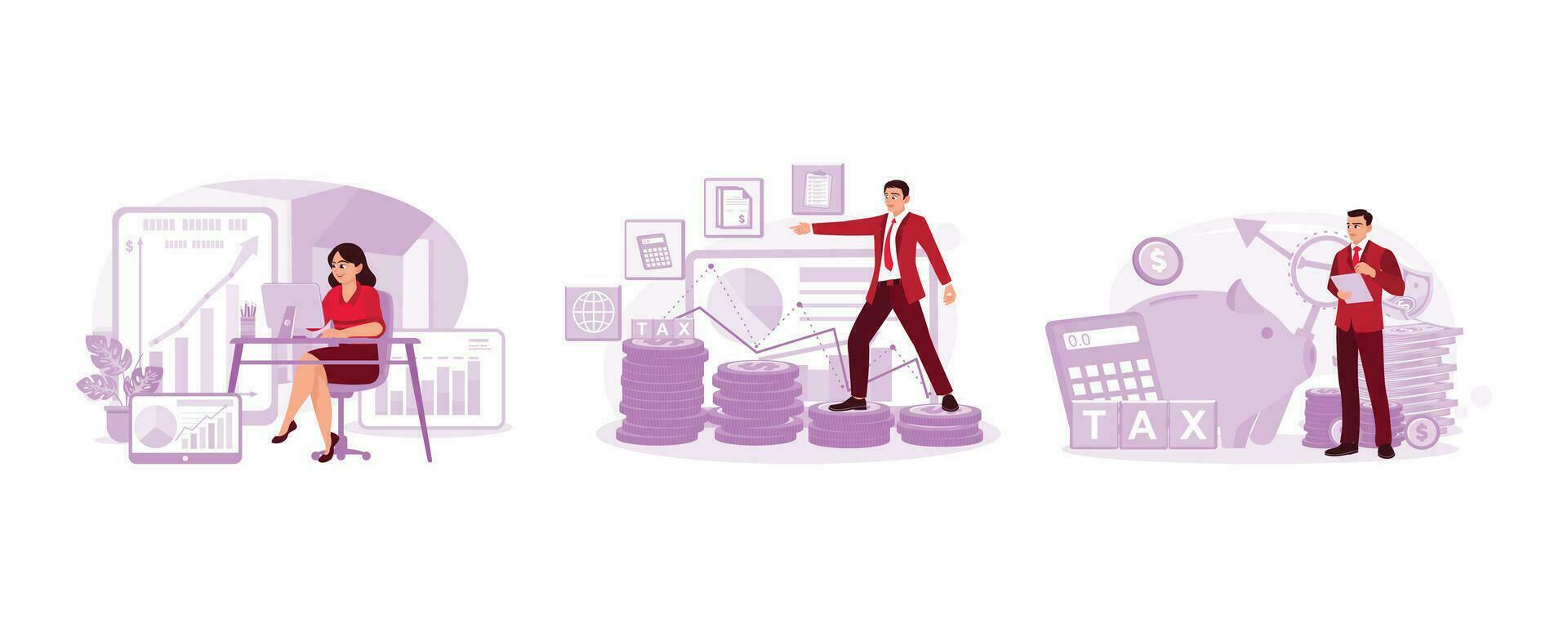 Analysis of charts, taxes, and statistics by businesswoman. Tax deduction planning concept by an entrepreneur. Young businessman taking notes against calculator, tax, and piggy bank background. vector