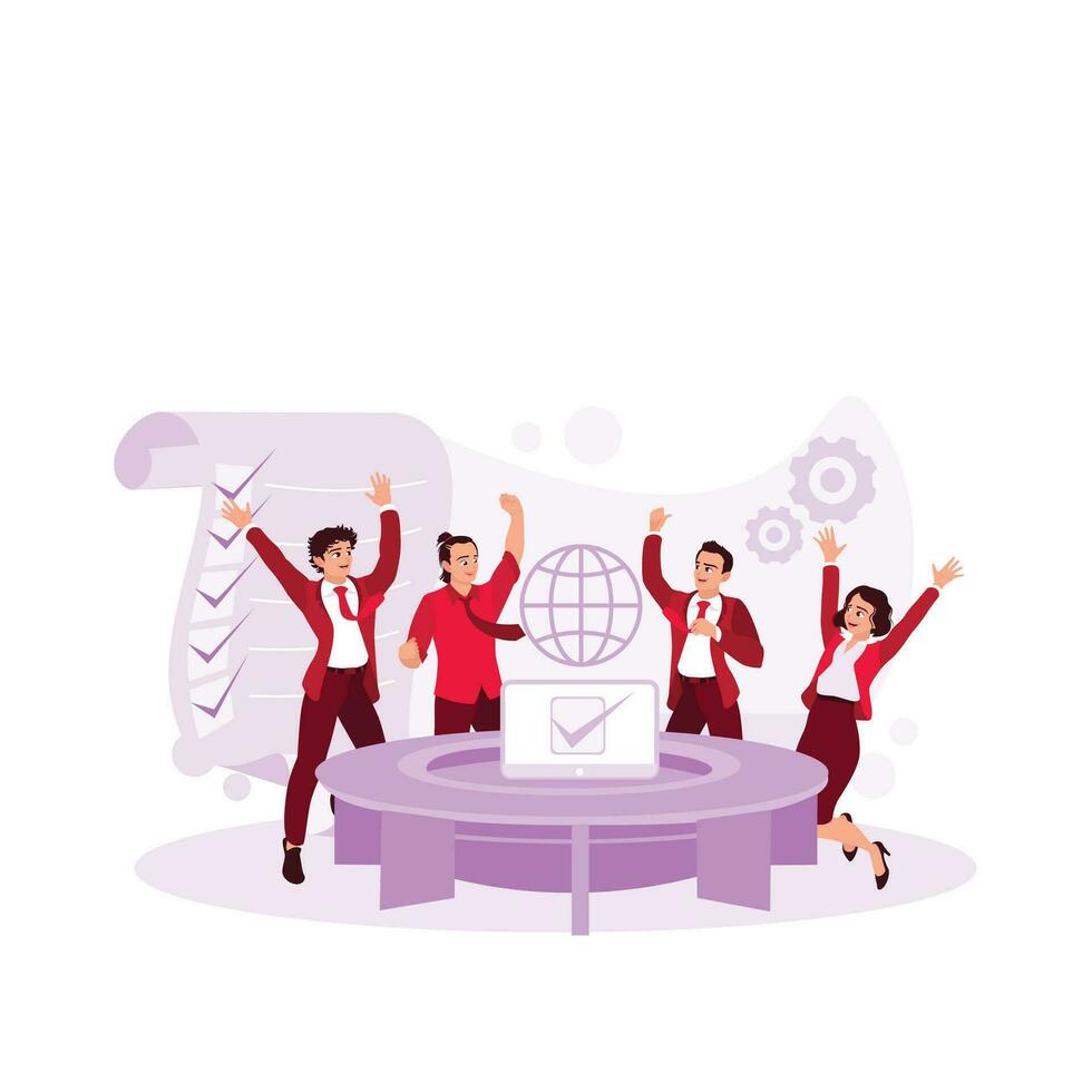 Business team celebrating success in collaboration working together, giving high five happily. Trend Modern vector flat illustration