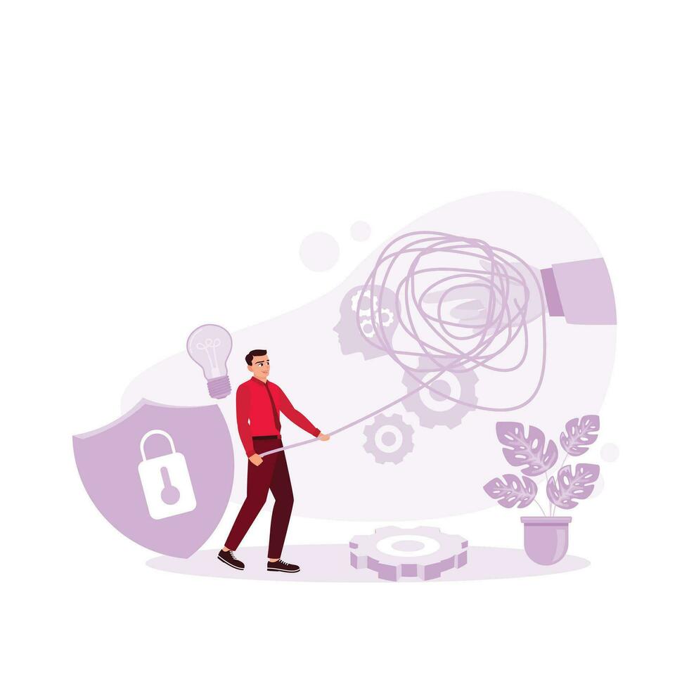 Business problem-solving concept. Businessman or a young man trying to pull a tangled rope. Business challenge vector achievement work progress. Trend Modern vector flat illustration