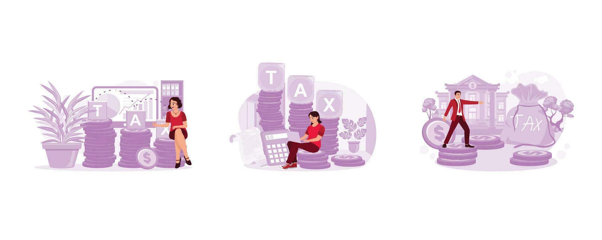 Time to pay taxes and women sitting on a pile of coins. A pile of coins with taxes and a girl with a laptop. Man with a pile of coins, a building, and a tax bag. Trend Modern vector flat illustration