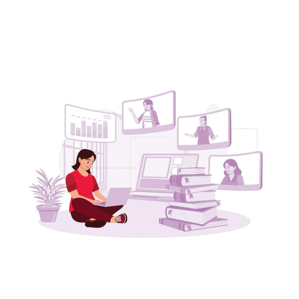 E-learning via virtual applications. Video conferencing. Group of people on a computer screen with their study partner. Trend Modern vector flat illustration.