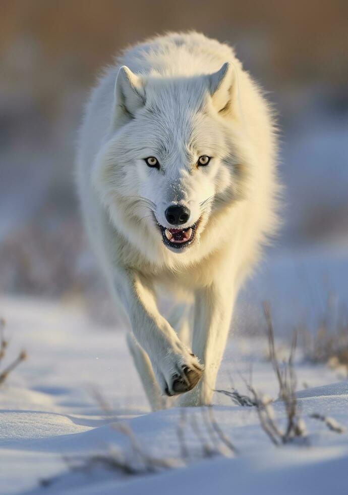 The Wolf Gaze, A Moment of Life in the Arctic Wilderness. AI Generative photo