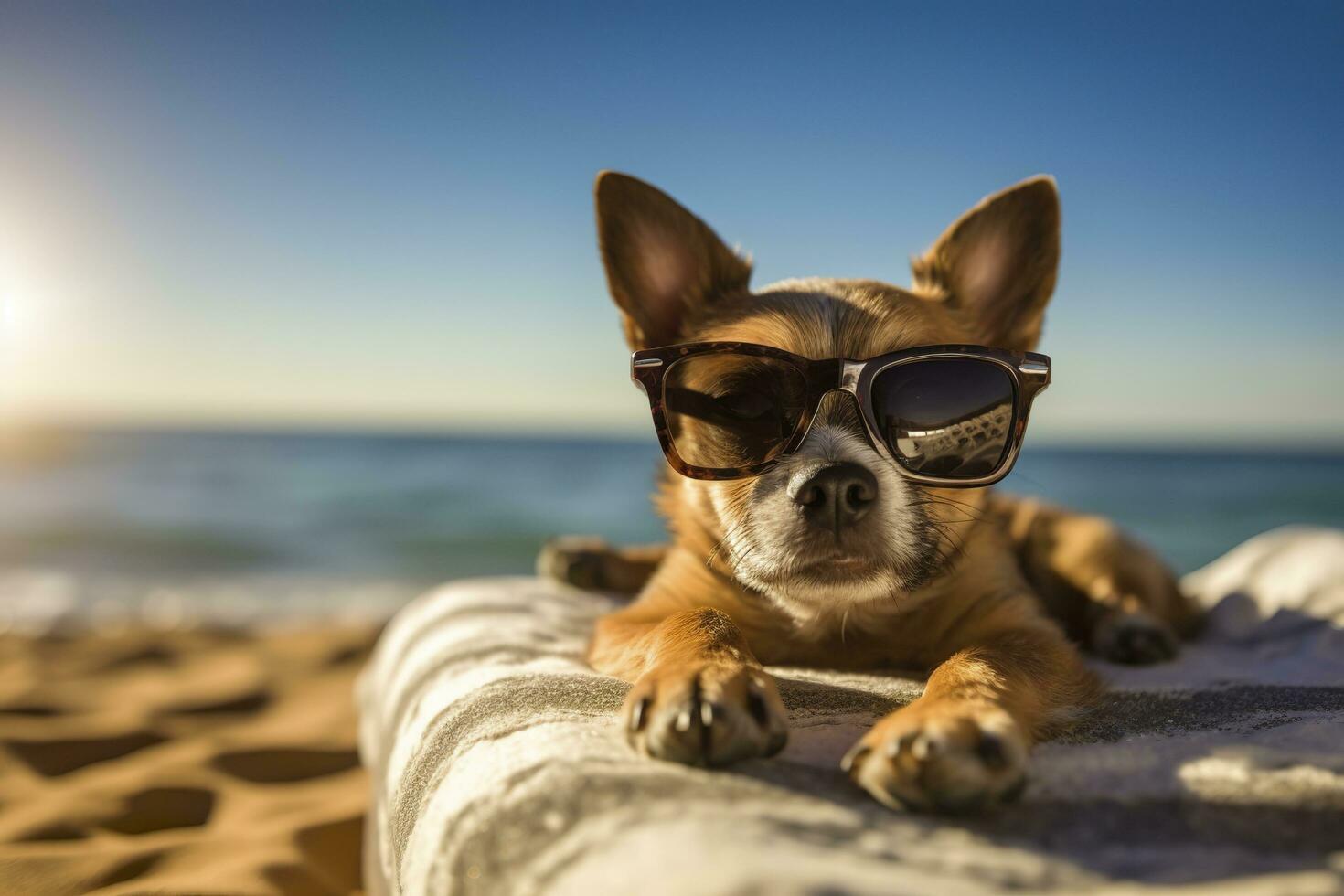 Dog Puppy wearing sunglasses, lying on a sunbed to sunbath at the beach sea on summer vacation, holidays. Funny concept. AI Generative photo