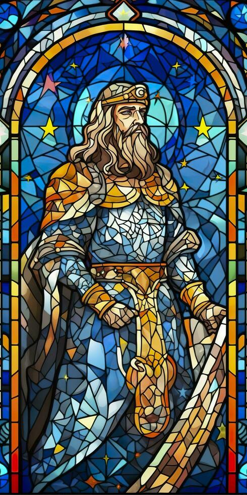 A Knight in Shining Armor. An Illustration of a Mythical Ancient Paladin in Stained Glass Renaissance Fresco Style. AI Generative photo