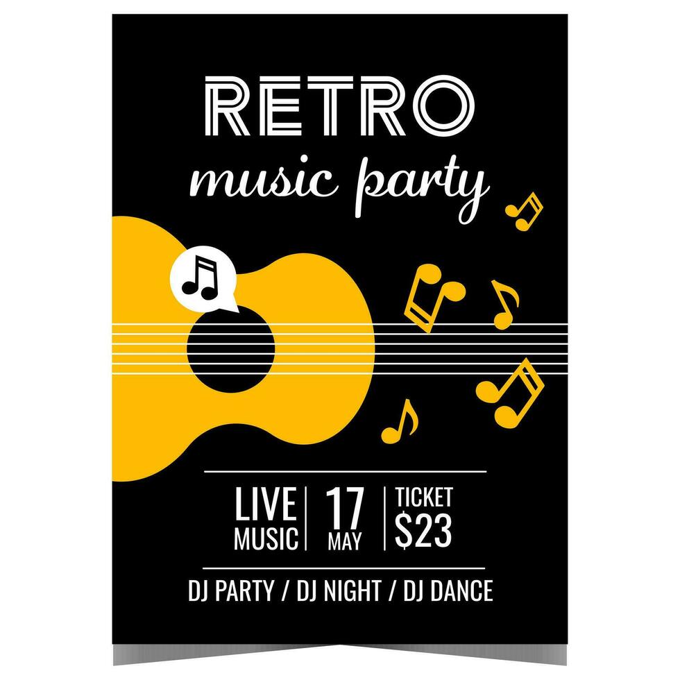 Retro music party poster with yellow guitar and musical notes on black background. Design template of invitation banner, leaflet or flyer for retro music concert, live event, festival or show. vector