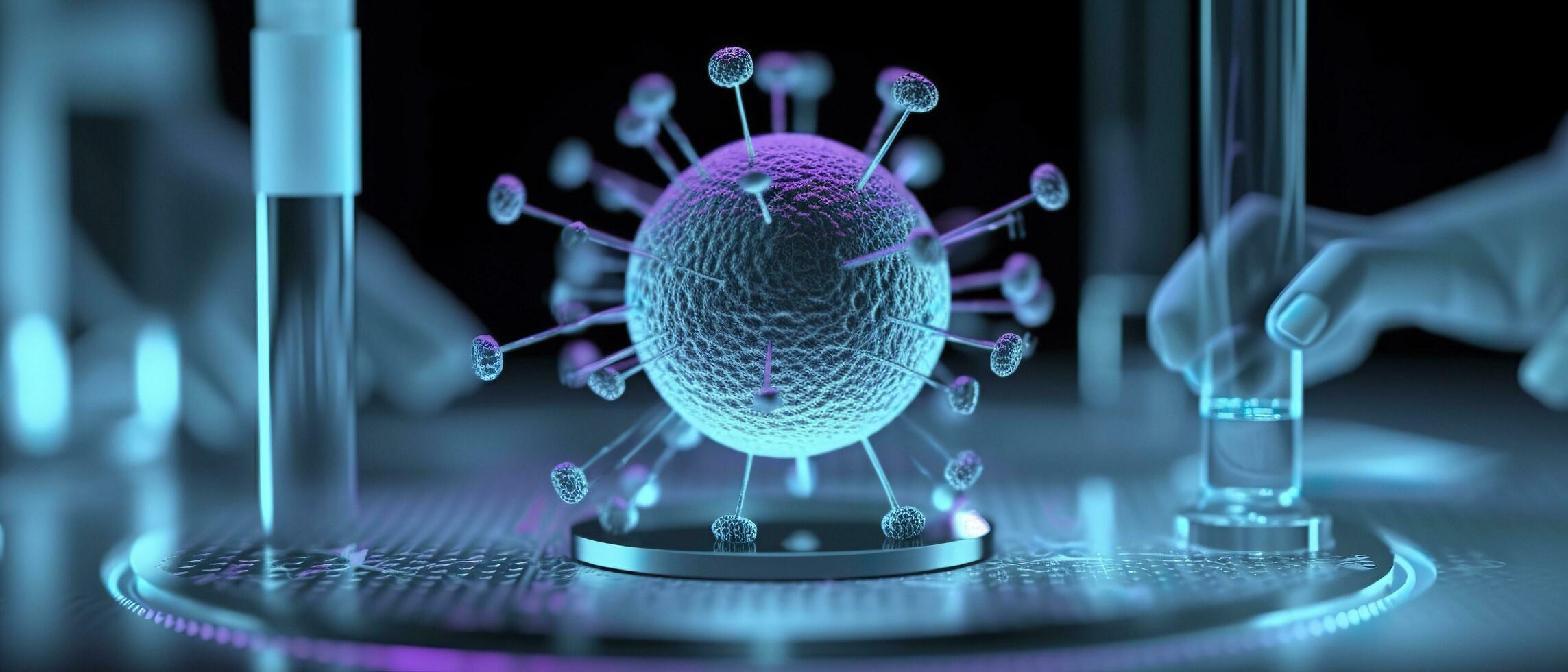 Scientists studying the serious coronavirus, virus. Pharmaceutical scientific research background. AI Generative photo