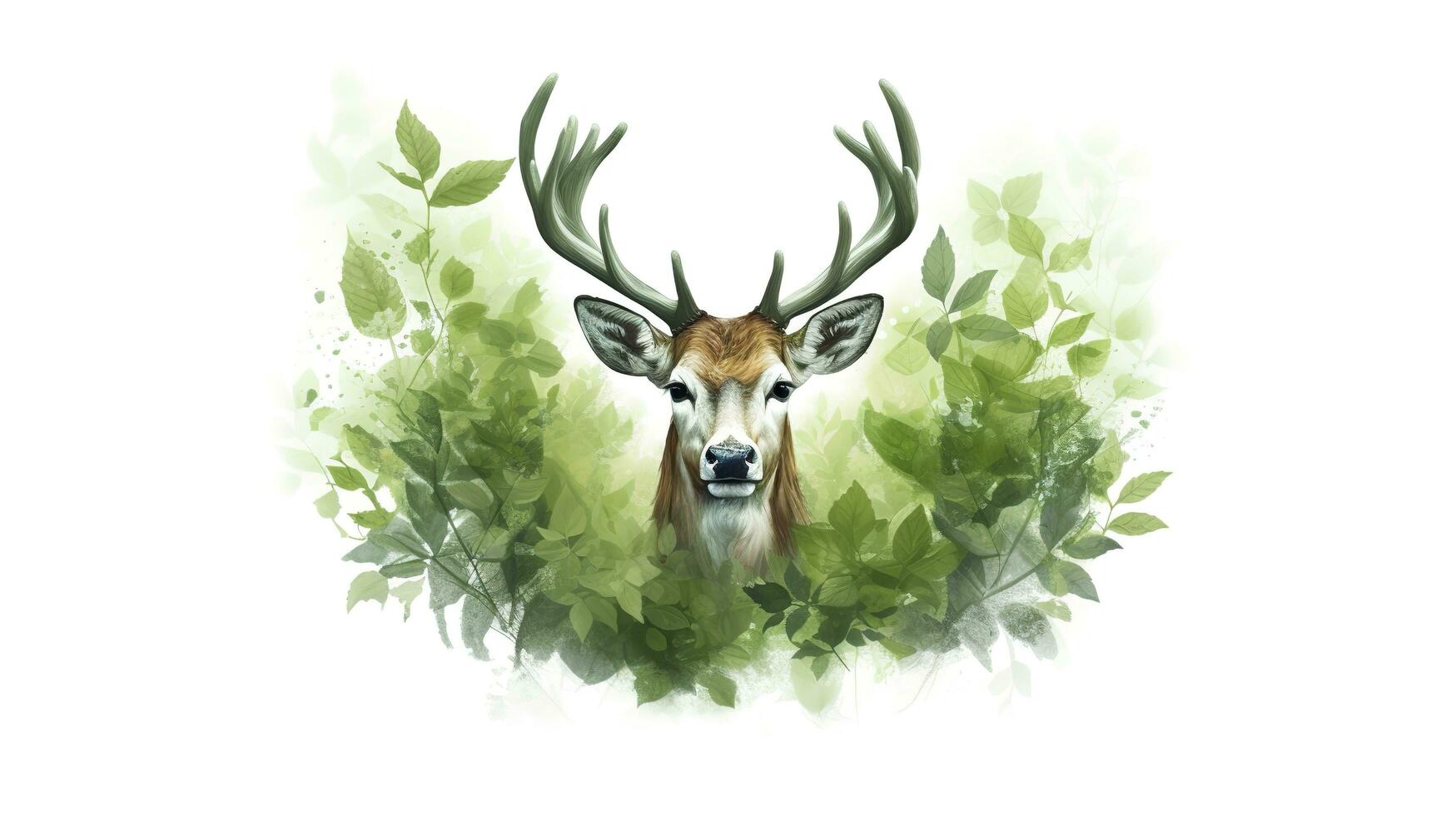 Illustration of a deer with green leaves, white background. AI Generative photo