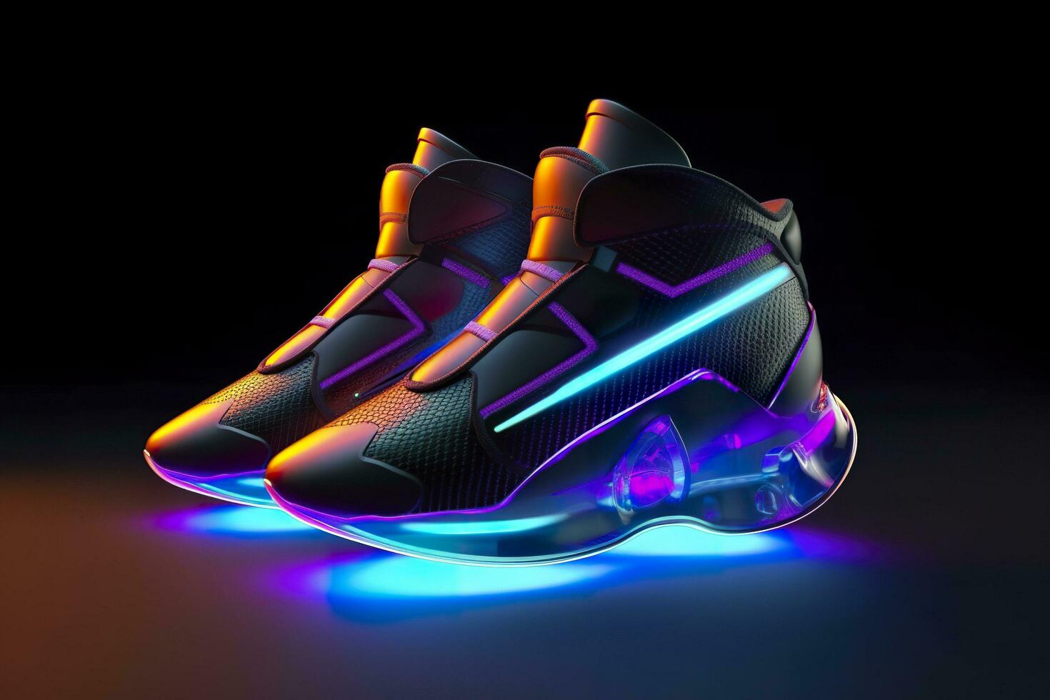 Futuristic fashion original sneakers. Future design of stylish sports shoes with neon glow, futuristic urban aesthetics. Sportswear, style and fashion, tomorrow footwear. AI Generative photo